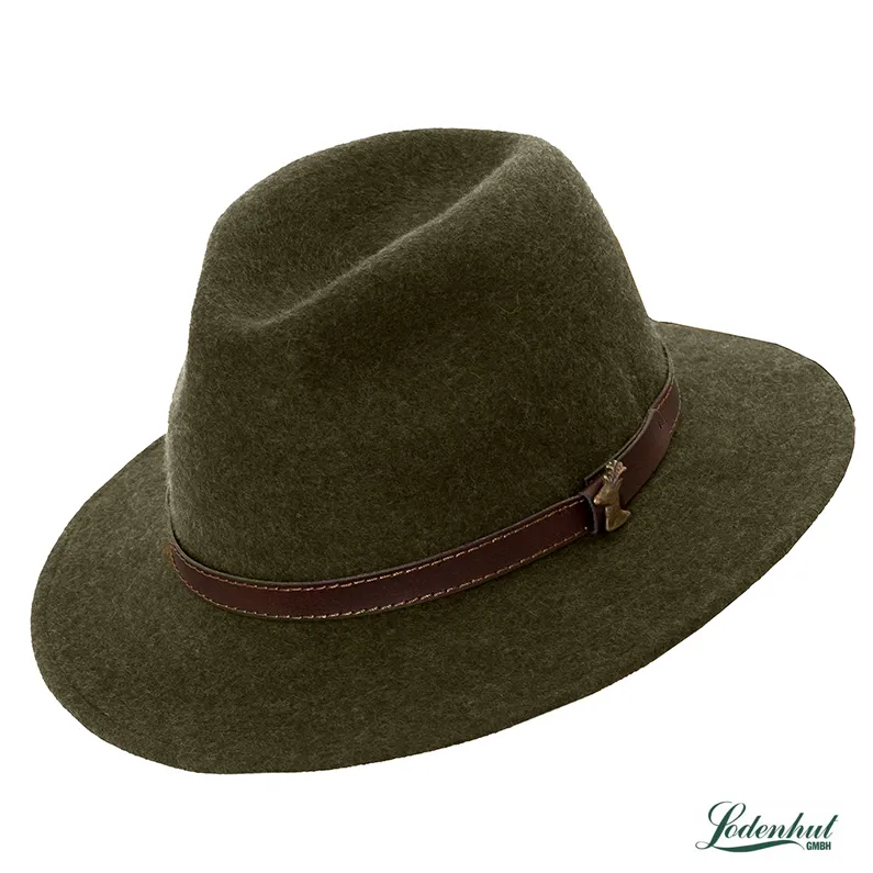 Palarie Lodenhut oliv, cu ornament din piele maro si insigna caprior, impermeabil, 100 % lina