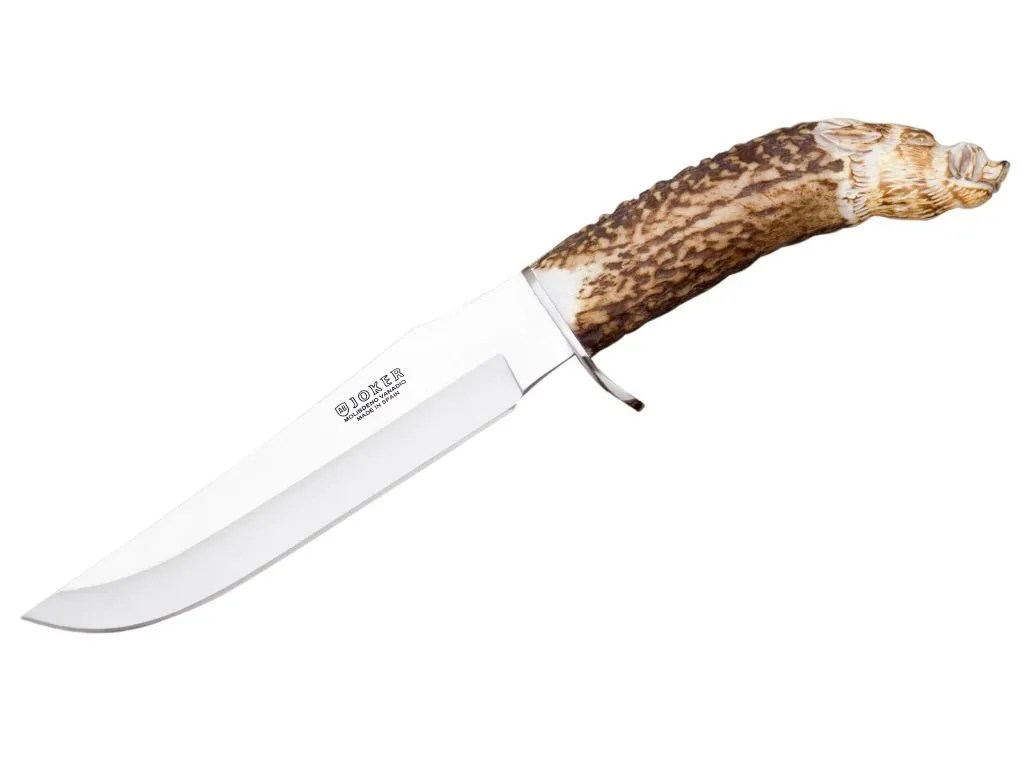 Cutit Joker CT34 Jabato, maner din corn de cerb sculptat, tais: 17 cm., in husa piele