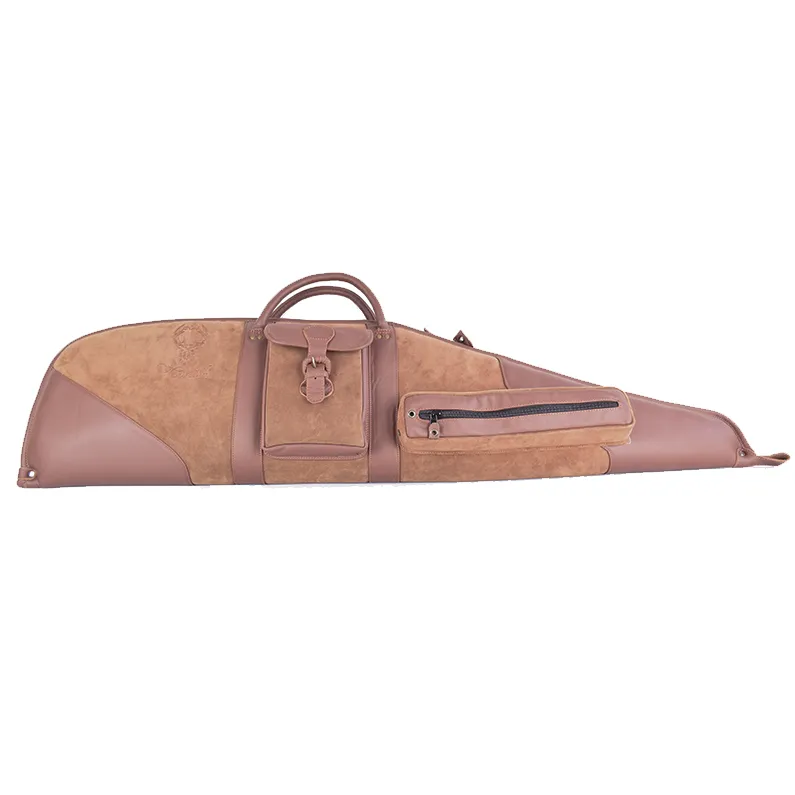 Husa arma Hunting din piele maro, 120 cm, pentru carabina cu luneta, cu 2 buzunare