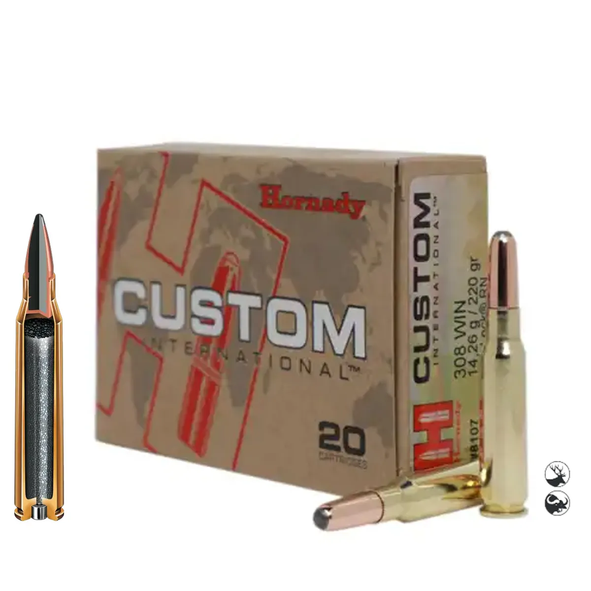 Muniție Hornady .308 Win 220 gr RN Custom International