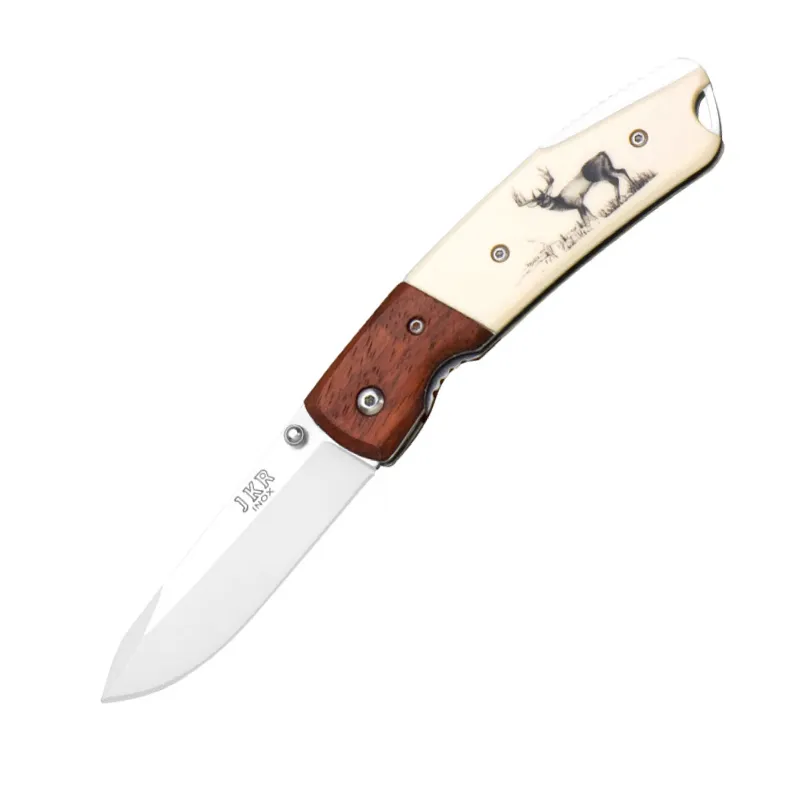 Briceag Joker JKR0335 cu maner din lemn si ornament cerb, deschidere cu o mana, tais: 7.5 cm