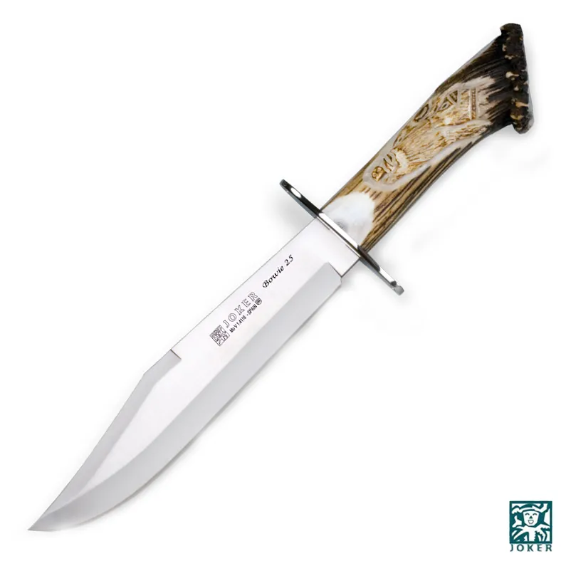 Cutit Joker CT101 Bowie 25 cu maner din corn de cerb gravat in husa piele | tais dublu: 25 cm