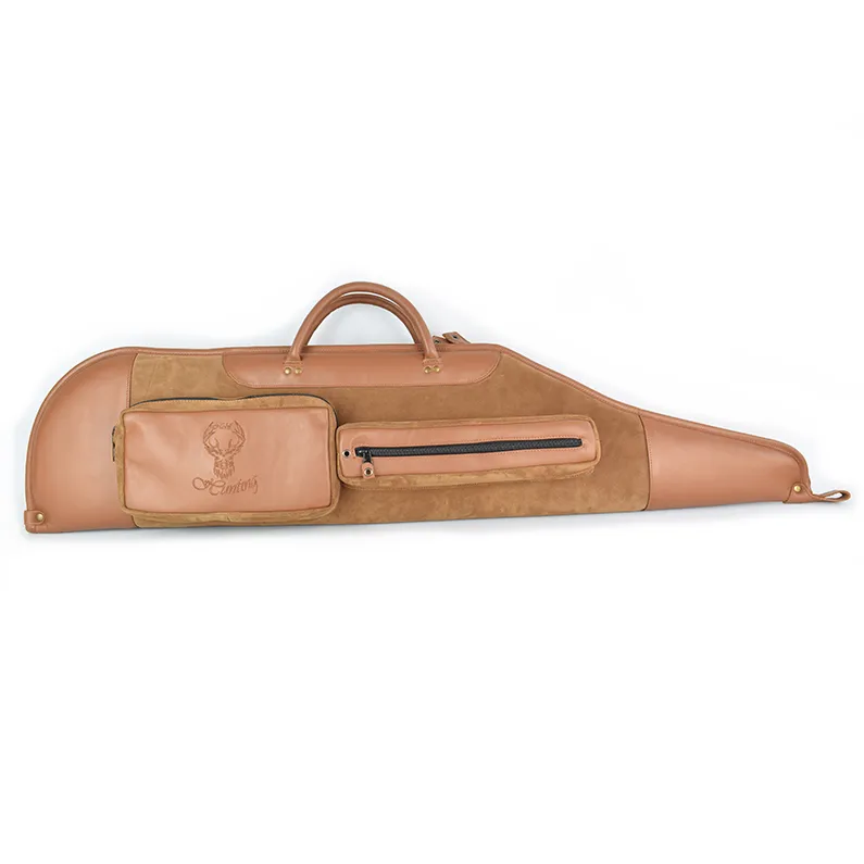 Husa arma Hunting din piele maro, 120 cm, pentru carabina cu luneta, cu 2 buzunare