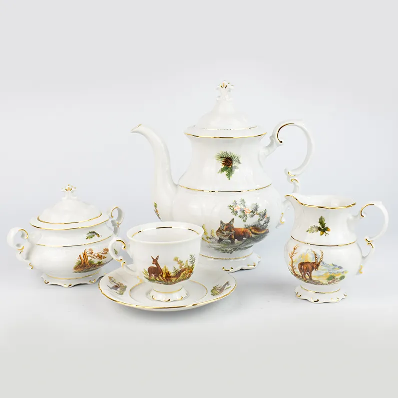 Set de cafea / ceai Hubertus, 6 persoane, portelan pictat cu motive vanatoresti, 15 piese
