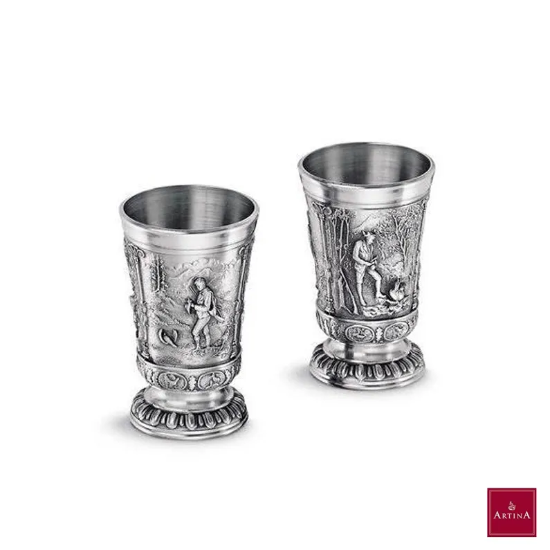 Set de pahare Artina Freischutz din 2 bucati din zinn 6 cm cu motive vanatoresti