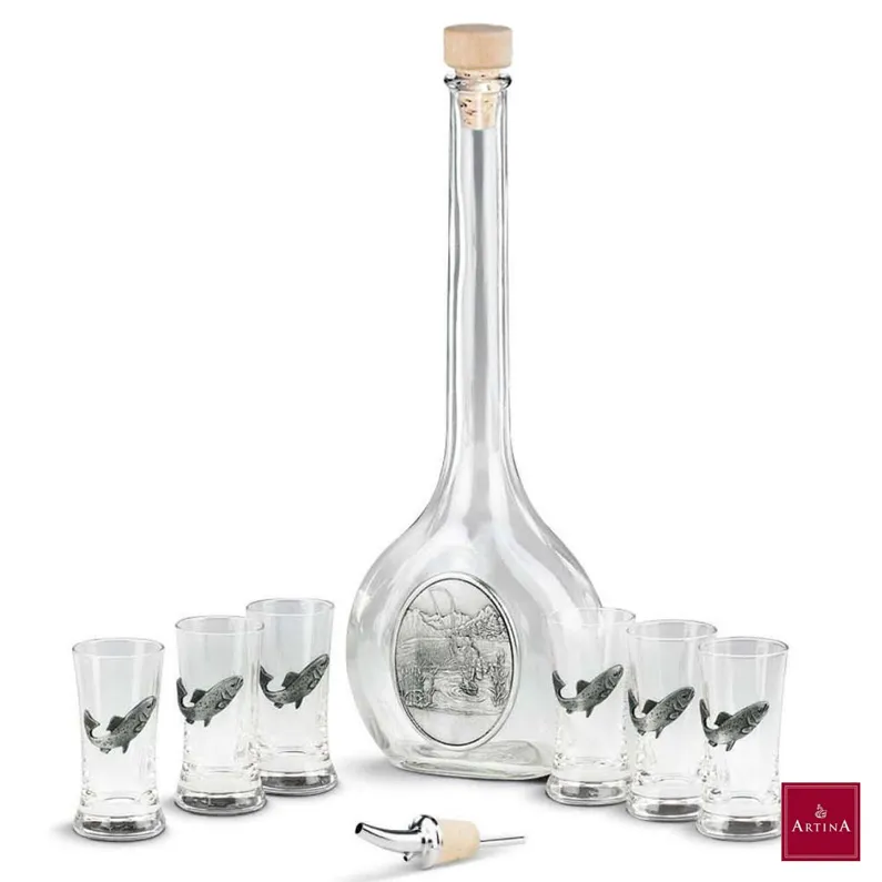 Set Angler de pahare Artina din sticla cu ornament peste si sticluta de tuica