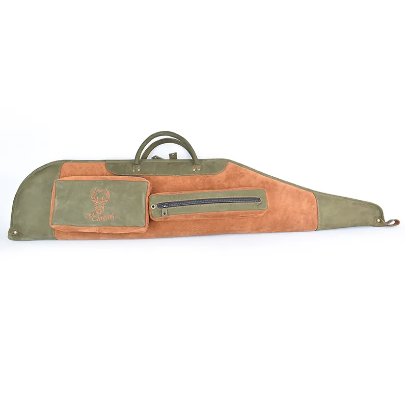 Husa arma Hunting din piele maro si verde, 130 cm pentru carabina cu luneta, cu 2 buzunare