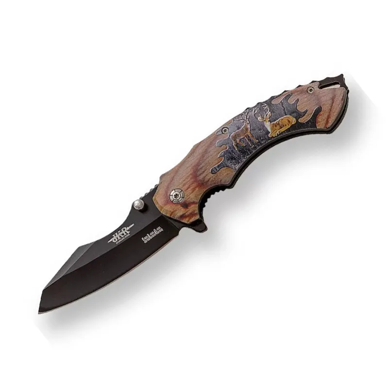 Briceag Joker JKR0736 cu maner din lemn cu ornamente cerb, deschidere cu o mana, lama: 8.5 cm