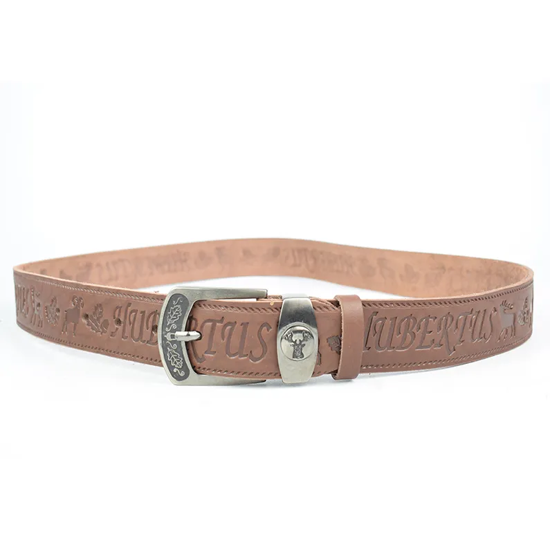 Curea Hubertus din piele maro, cu imprimeu, ornament, lungime: 120 cm, latime: 4 cm, insigna: cerb