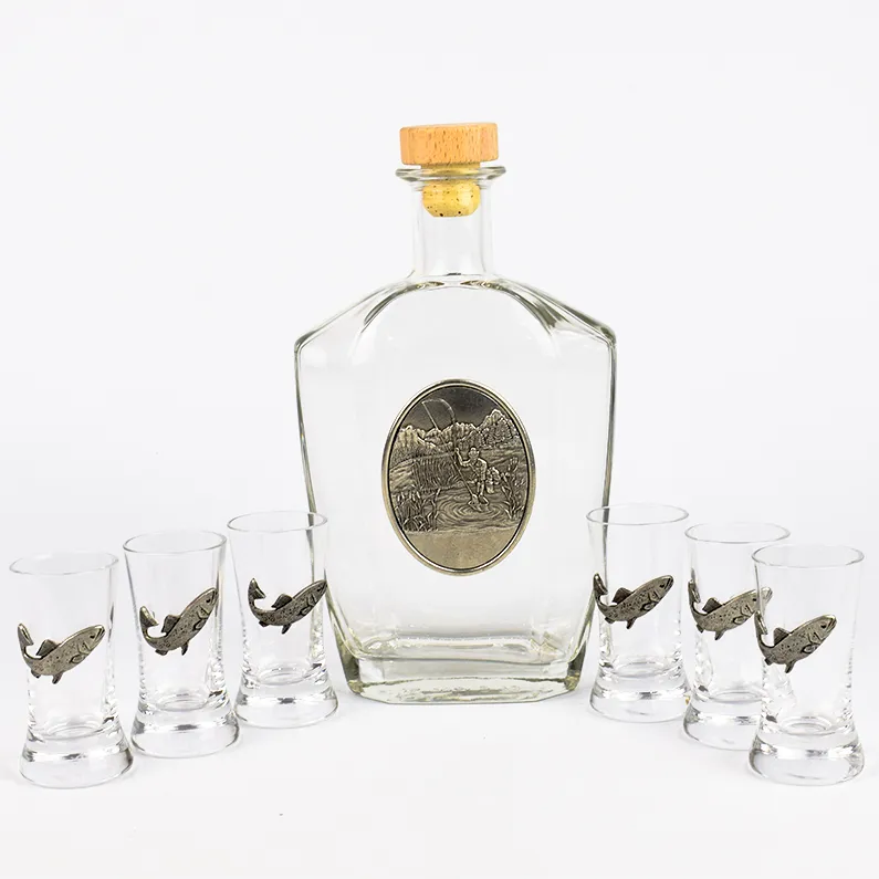 Set de 6 pahare din sticla cu sticluta 0.5 L cu ornament pescar | Artina
