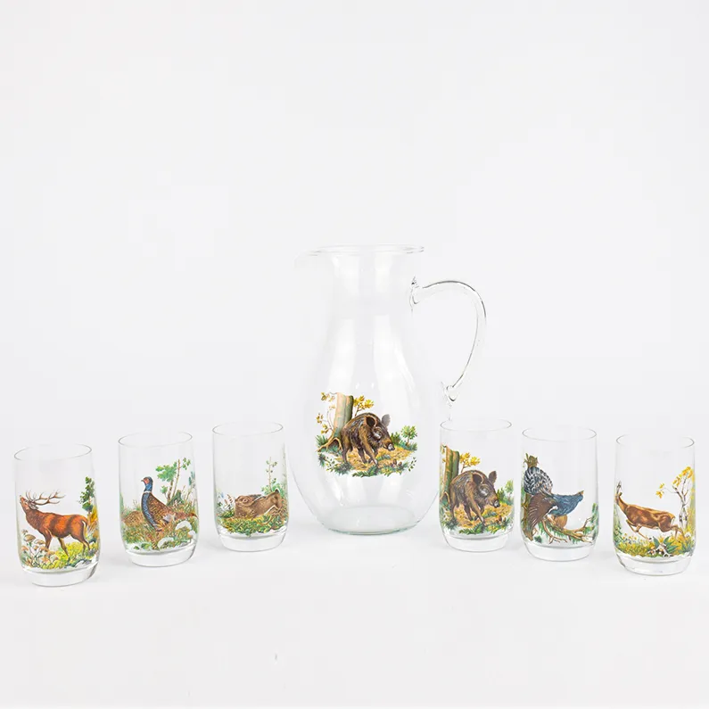 Set 6 pahare vin 100ml și carafă 750ml, motive vânătorești